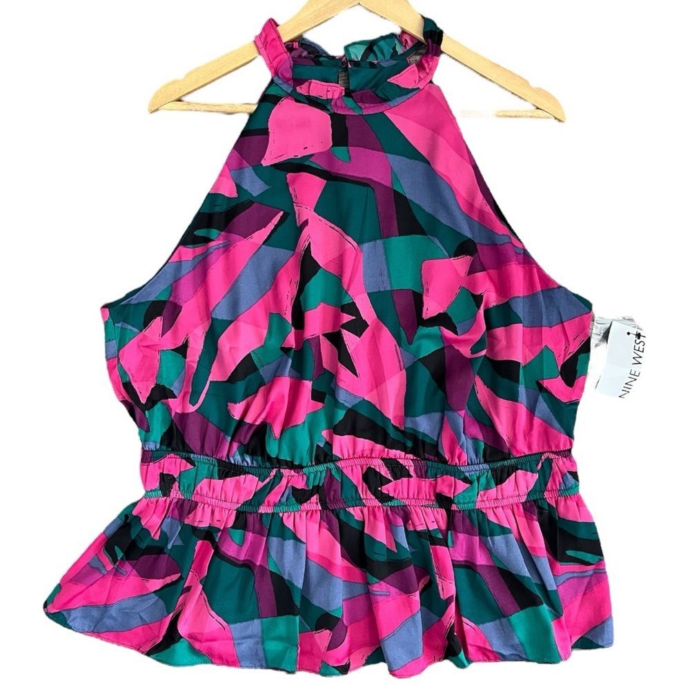 Nine West Prism Printed Sleeveless Satin XXL Top Peplum Waistline Abstract Chic